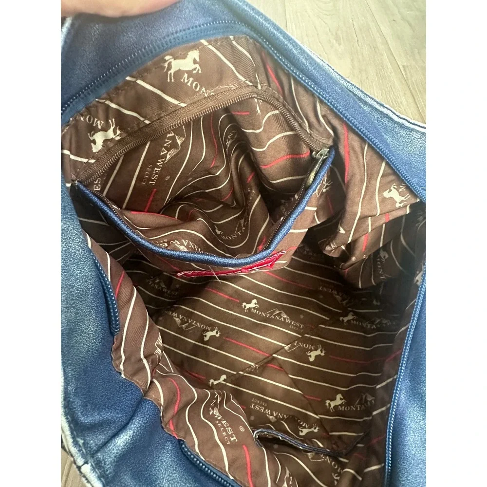 Montana West Blue Distressed Vegan Leather Shoulder Bag Western Tote Boho